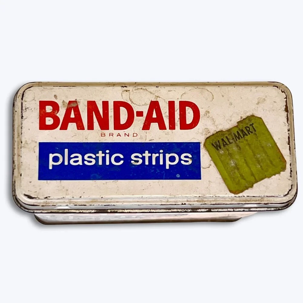 Vintage Band-Aid Tin Box Johnson & Johnson Plastic Strips 1960s Wal-Mart Sticker